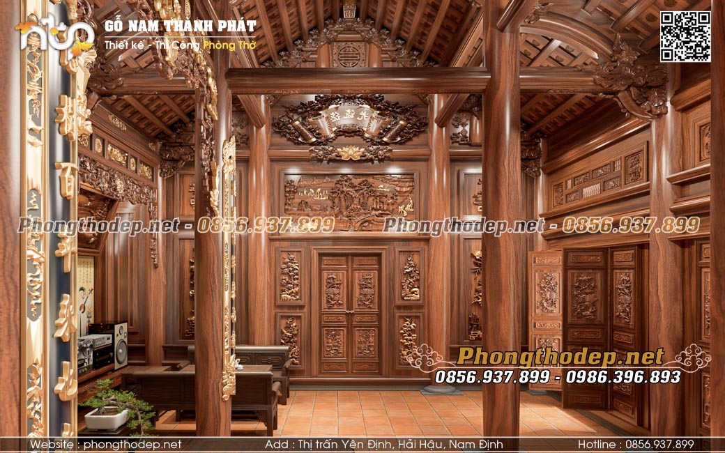 Bố trí nội thất nhà gỗ 5 gian thông hiên